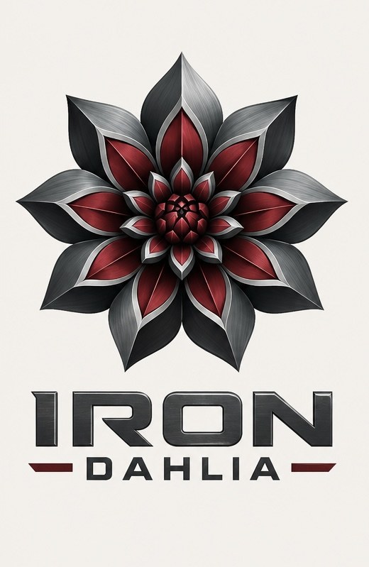 Iron Dahlia logo: a steel dahlia with red petals